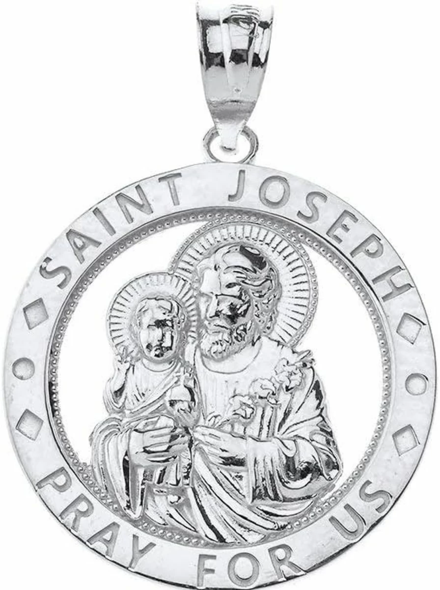 10K Gold Saint Joseph "Pray For Us" Round Charm Pendant - CaliRoseJewelry Religious Catholic Medal