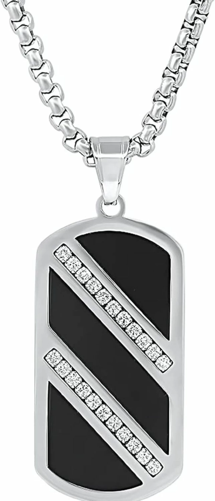STEELTIME NYC Black Ion Plated Stainless Steel Dog Tag Pendant with Simulated Diamonds - Men's Military Style Necklace Jewelry
