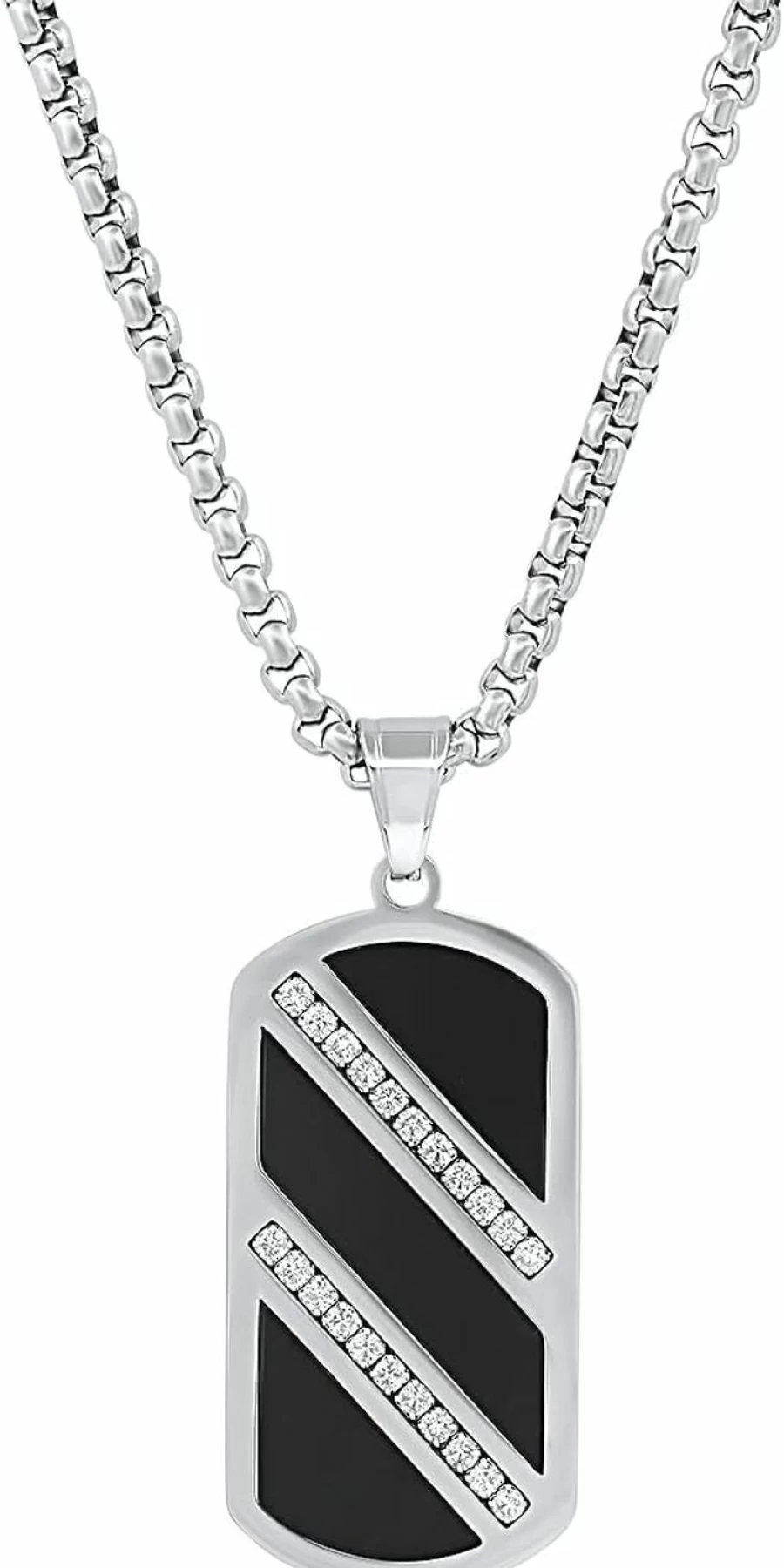 STEELTIME NYC Black Ion Plated Stainless Steel Dog Tag Pendant with Simulated Diamonds - Men's Military Style Necklace Jewelry