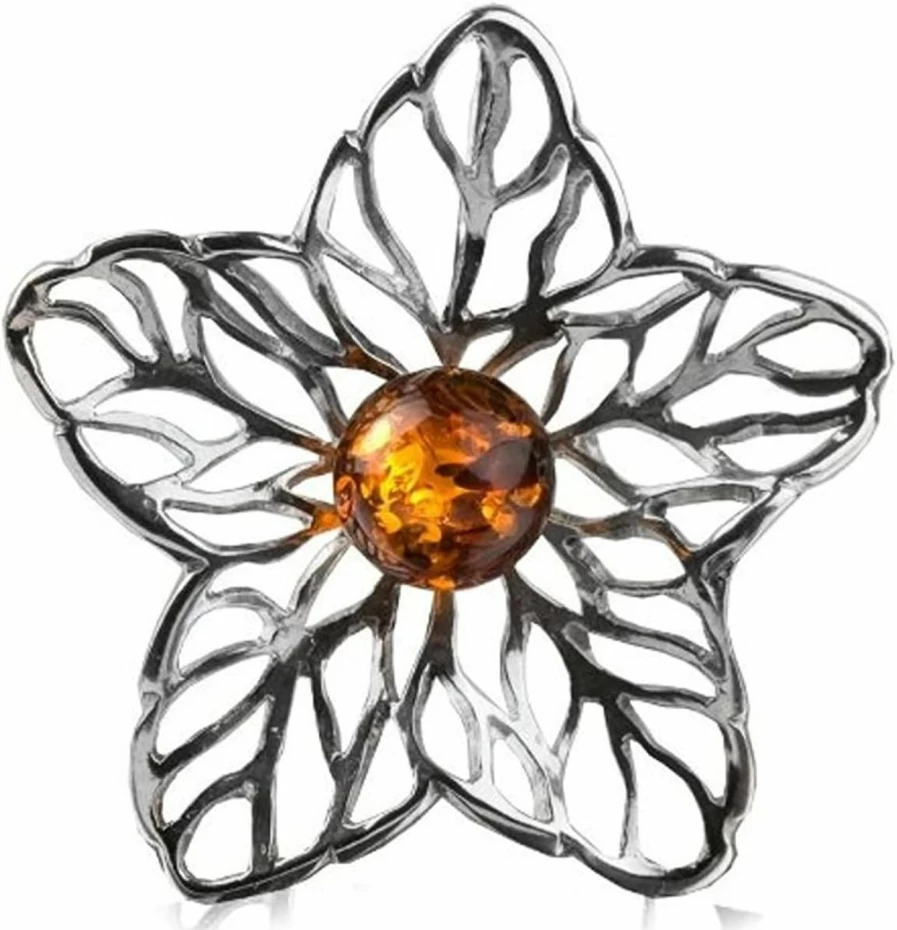 "Amber by Graciana Sterling Silver Floral Pendant with Genuine Amber Crystal"