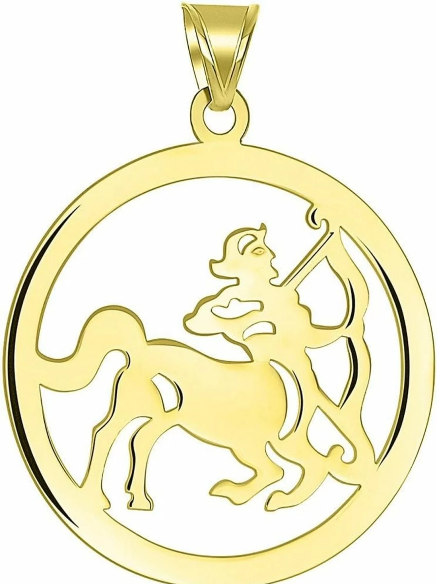 14K Yellow Gold Sagittarius Zodiac Pendant - Round Cut-Out Disc Charm - Jewelry America
