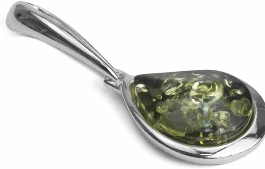 Ian & Valeri Co. Genuine Green Amber Sterling Silver Pendant Necklace - Handcrafted Drop Pendant Jewelry