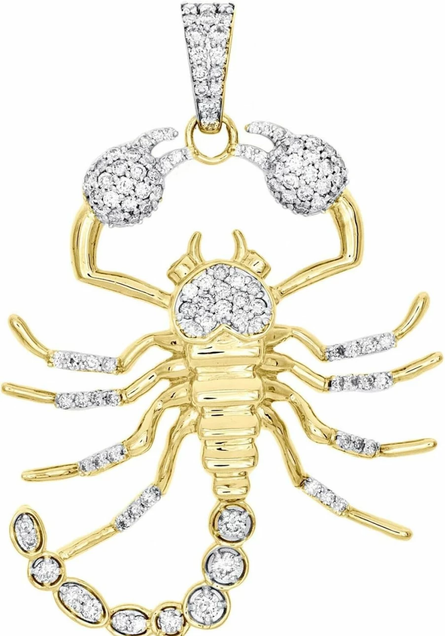 DTJEWELS 10K Yellow Gold Plated Scorpion Pendant with 1.75 Ct Round Cut Diamonds, 2.20" Statement Charm Jewelry
