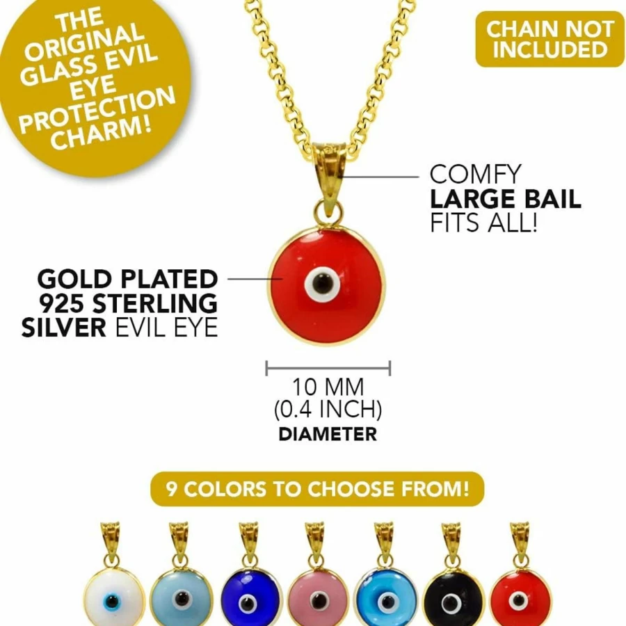 MIZZE Made for Luck Evil Eye Pendant - 10mm Round Gold Plated 925 Sterling Silver with Glass Charm - 7 Color Options