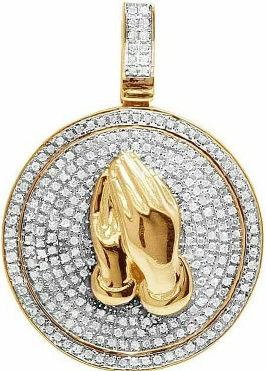 10K Yellow Gold Plated Round Cut Diamond Praying Hands Pendant Charm - .75Ct, 1.3 Inch Religious Medallion (As-Pn-2888)