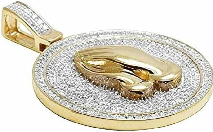 10K Yellow Gold Plated Round Cut Diamond Praying Hands Pendant Charm - .75Ct, 1.3 Inch Religious Medallion (As-Pn-2888)
