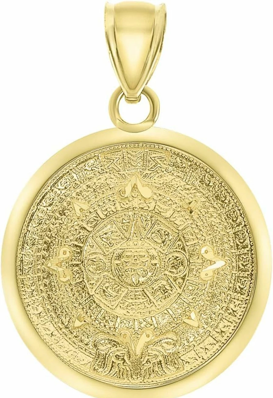 14K Yellow Gold Mayan Sun Calendar Pendant by Jewelry America - Authentic Aztec Inspired Medallion Necklace