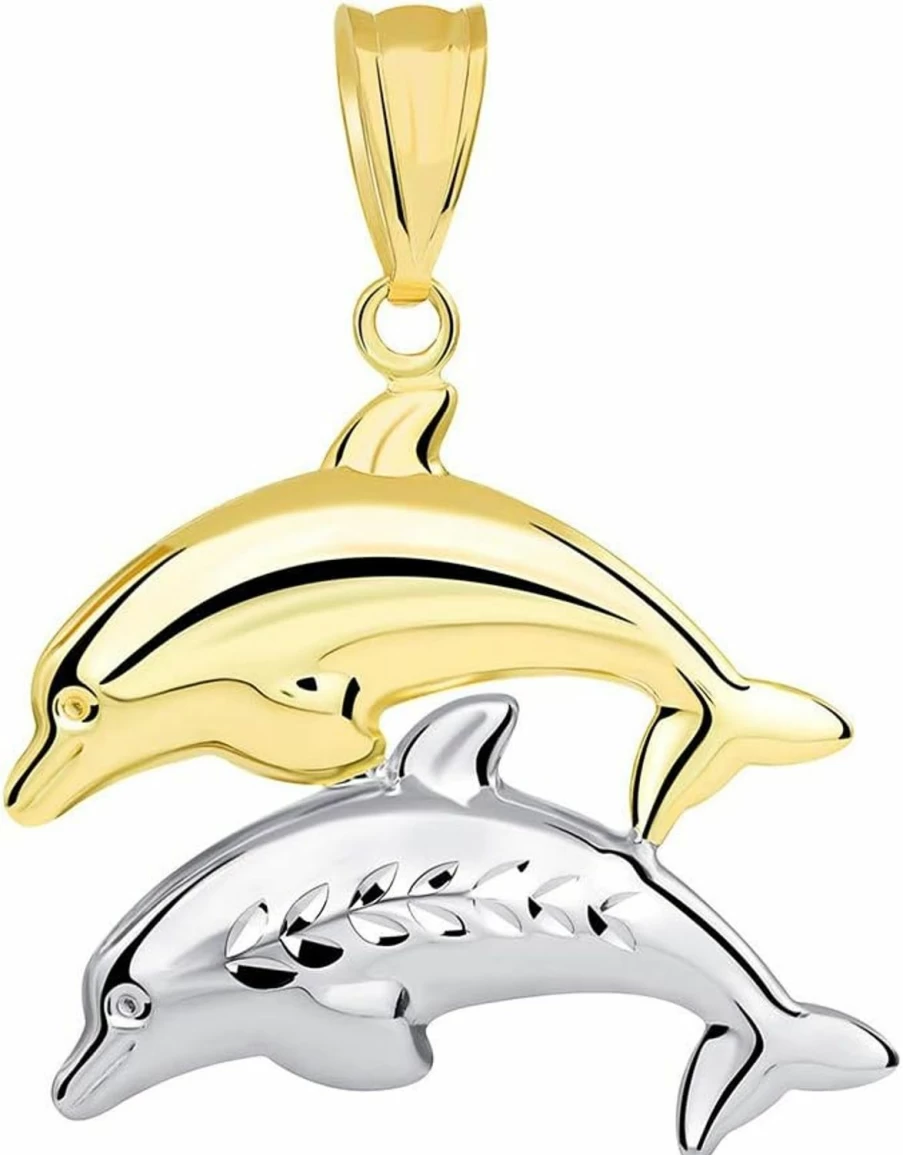 "Jewelry America 14K Two-Tone Gold 3D Dolphins Jumping Pendant - Yellow & White Gold Dolphin Charm"