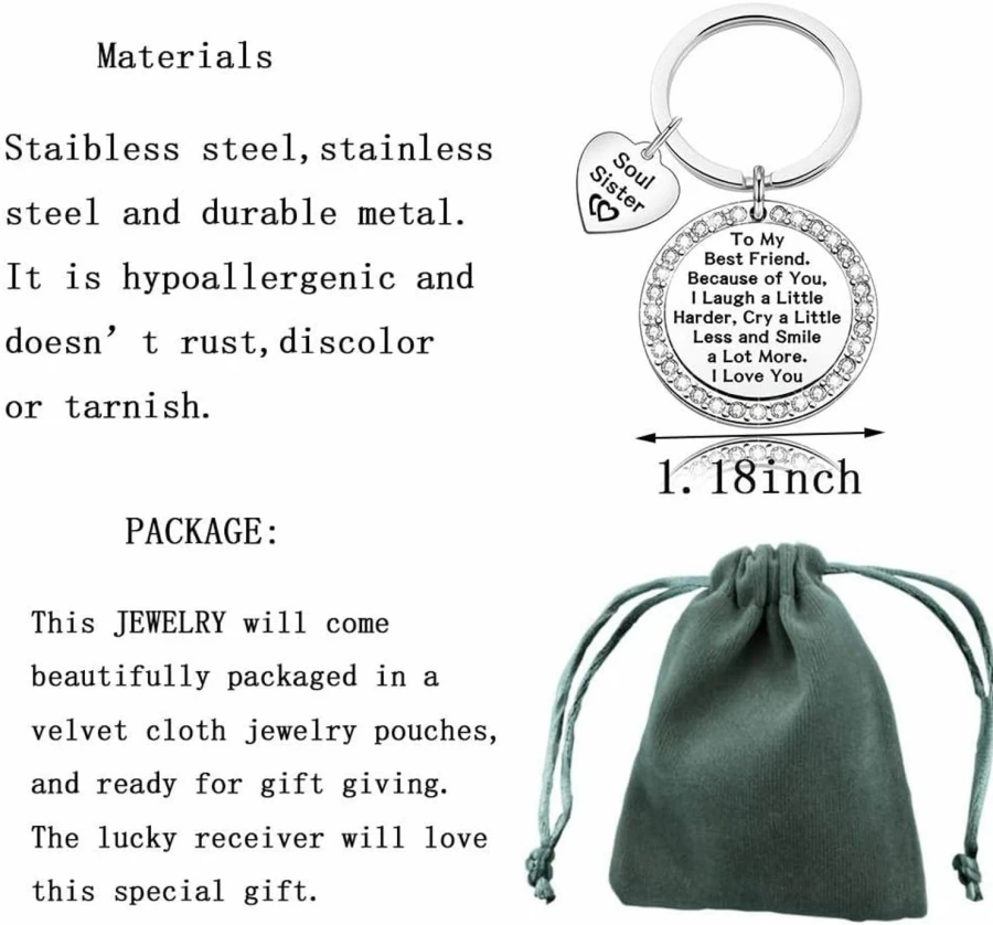 Best Friend Keychain - Soul Sister Gift Set for Women, Unique Friendship Gifts for Birthday Christmas, Personalized Appreciation Present for Her