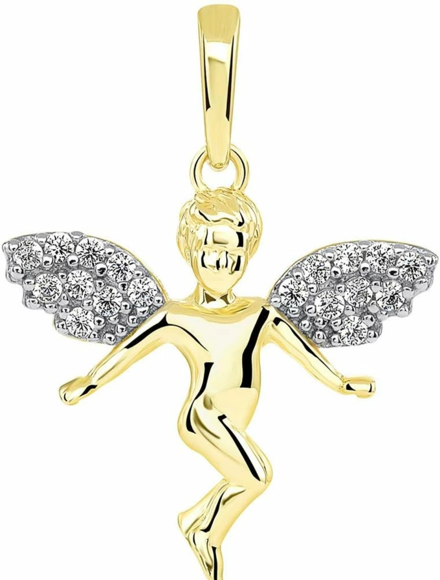 14K Yellow Gold Guardian Angel Pendant with Micro Pave CZ Wings - Jewelry America Small Pendant