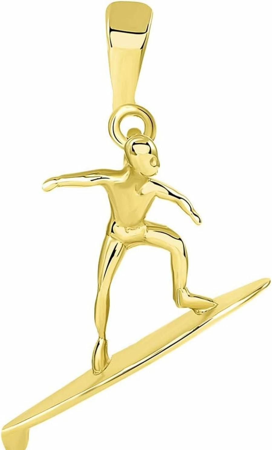14K Solid Yellow Gold Surfing Pendant - Surfer on Surfboard Charm - Jewelry America