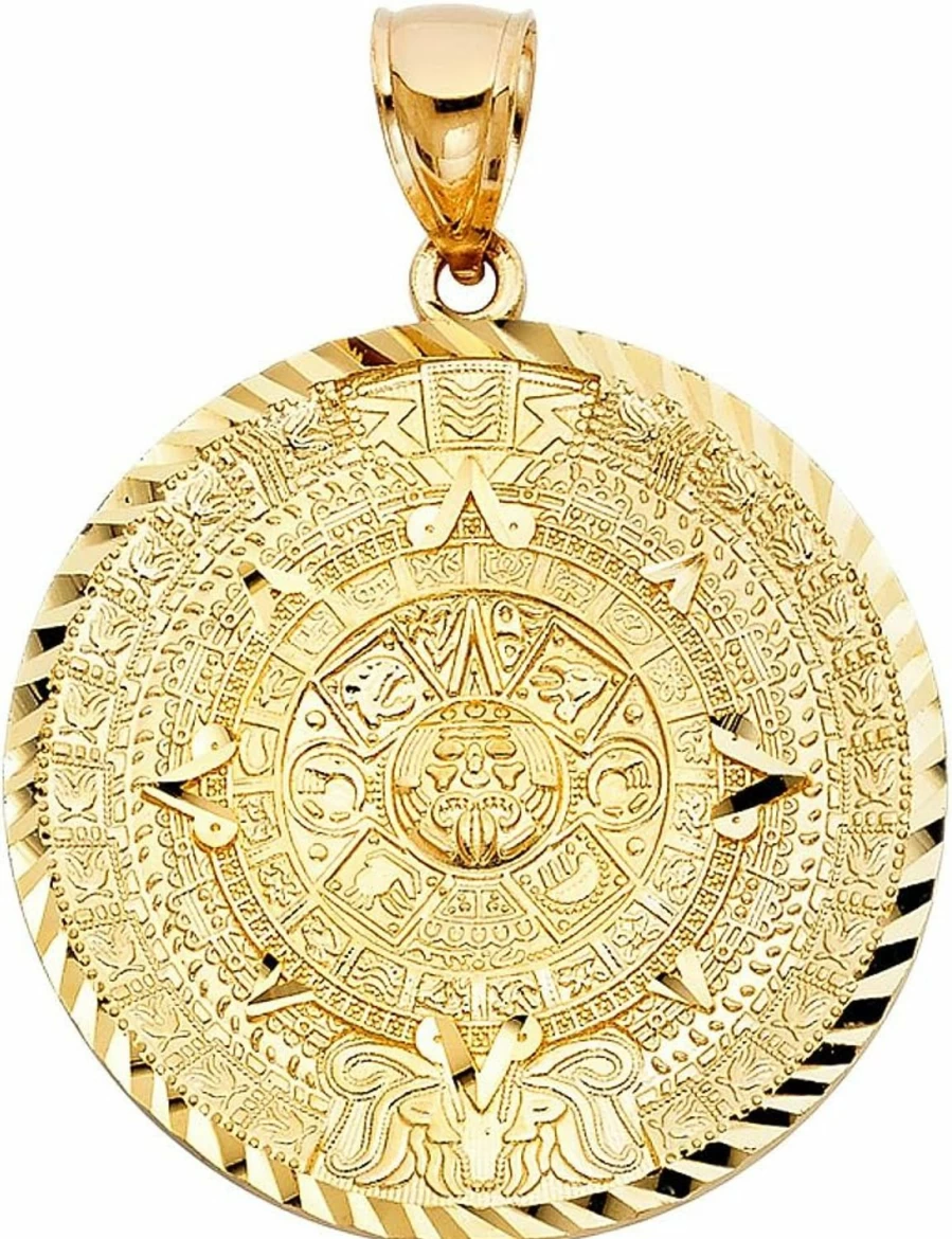 14K Yellow Gold Aztec Calendar Pendant Charm - TGDJ Diamond-Cut Ornate Design (64x64mm)