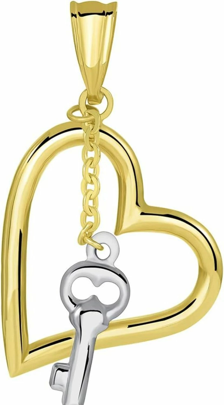 14K Two Tone Gold Open Heart Pendant with White Gold Key Charm - Jewelry America