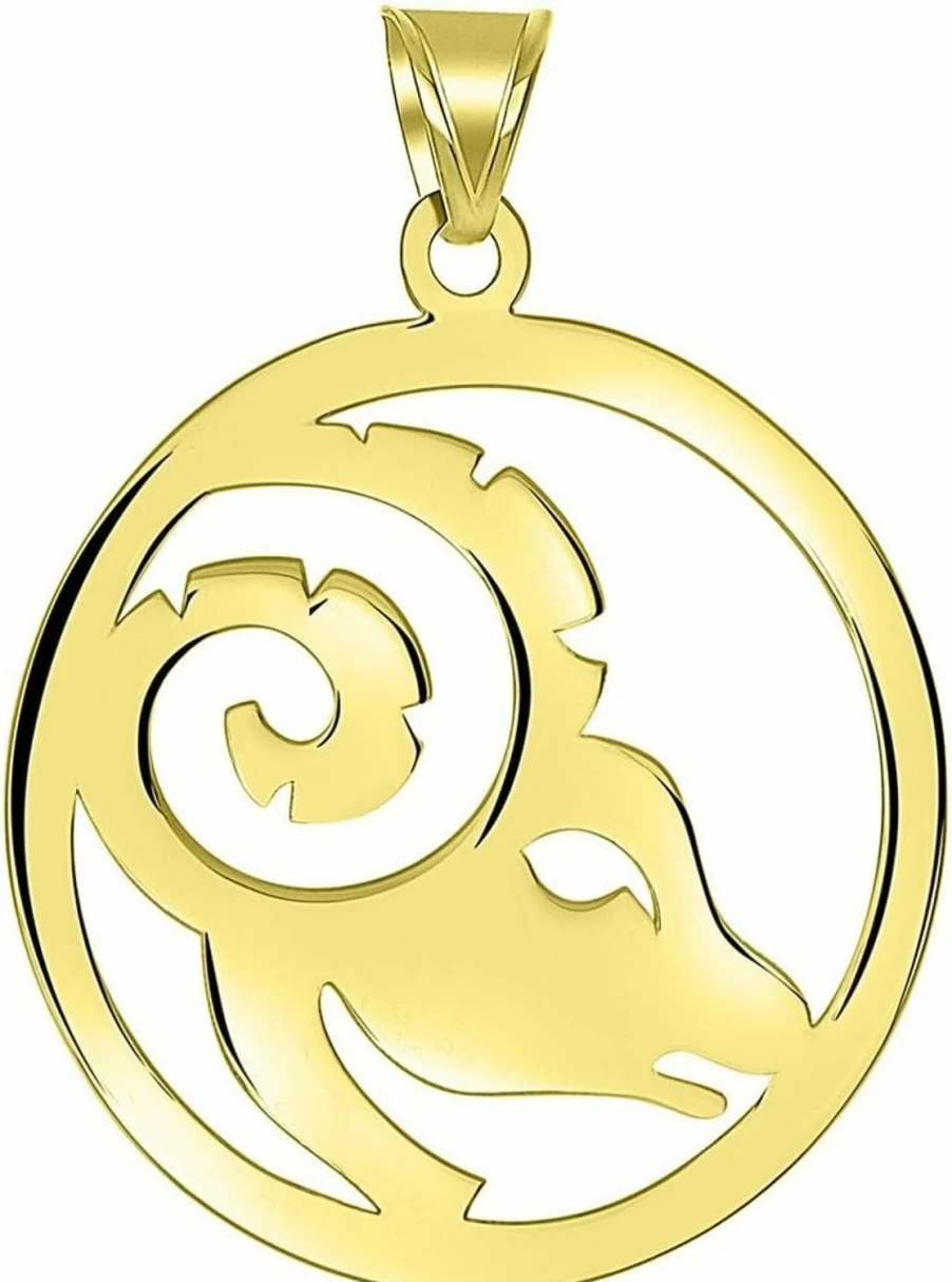 14K Yellow Gold Aries Zodiac Pendant - Ram Head Charm - Jewelry America Solid Gold Zodiac Sign Necklace