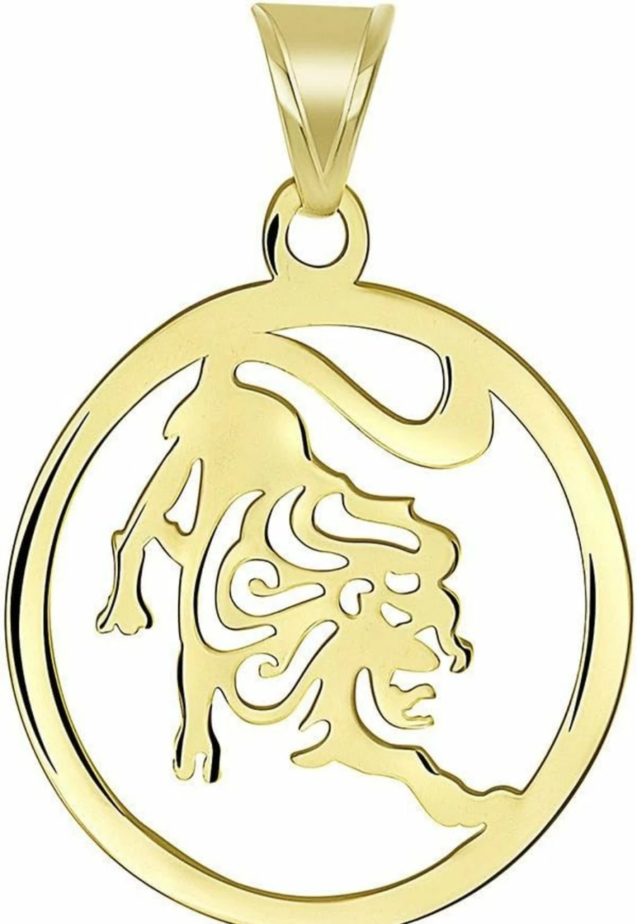 "Jewelry America 14K Yellow Gold Dainty Leo Zodiac Lion Pendant - Round Cut-Out Charm Necklace"