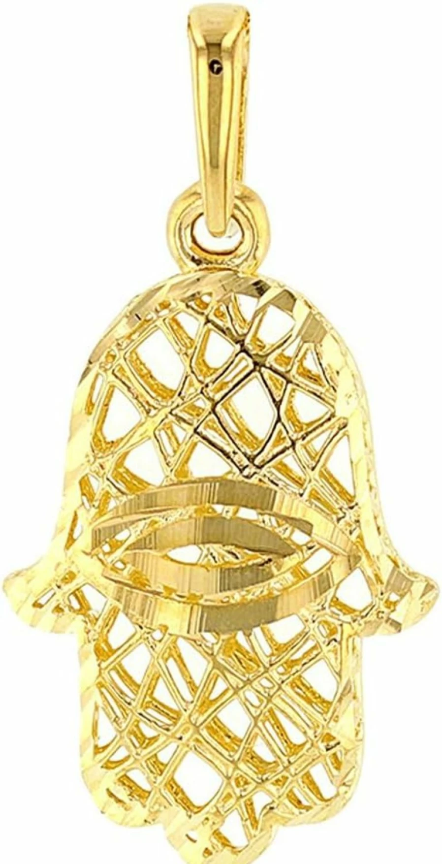 14K Yellow Gold 3D Hamsa Hand of Fatima Pendant with Evil Eye Charm - Religious Jewelry by Jewelry America
