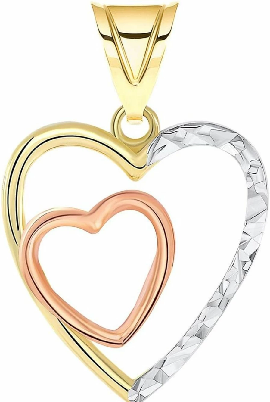 14K Tri-Tone Gold Textured Double Open Heart Pendant - Jewelry America