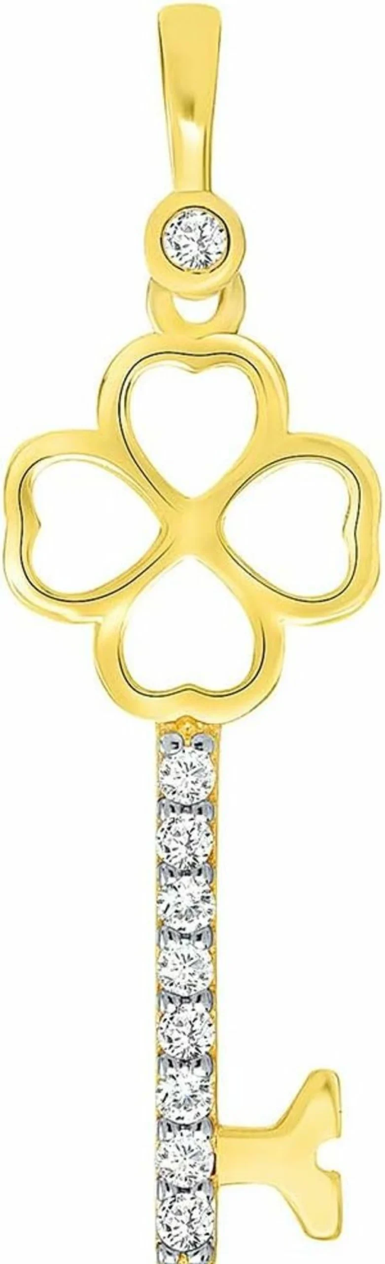 14K Yellow Gold Heart Clover Key Pendant with CZ Stones | Keys by Jewelry America