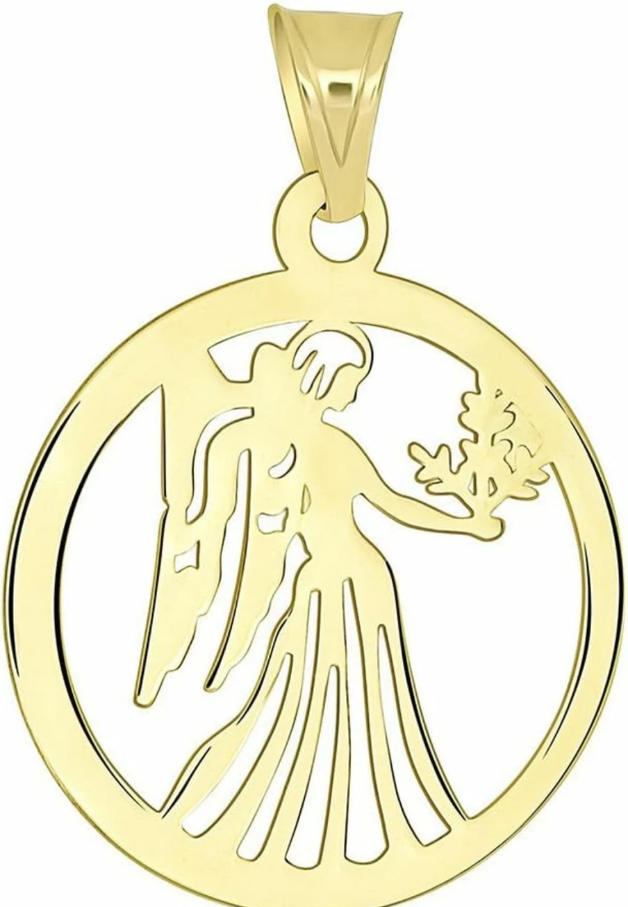 14K Yellow Gold Virgo Zodiac Sign Pendant - Dainty Round Cut-Out Disc Charm - Jewelry America