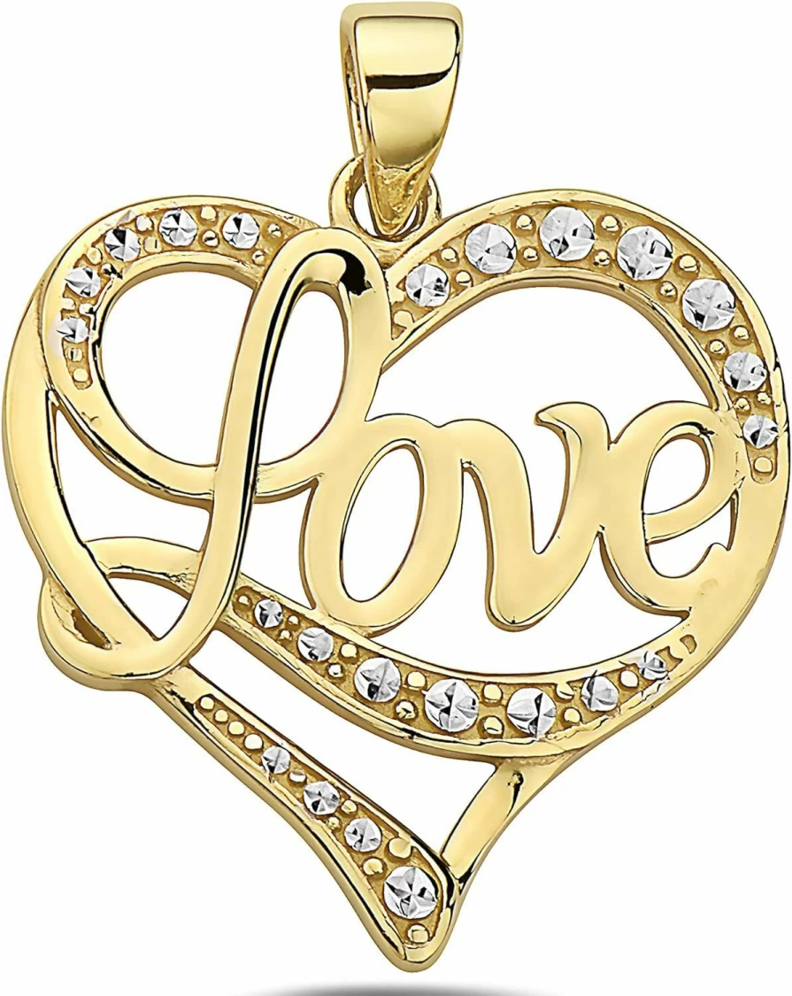 PORI JEWELERS 14K Yellow Gold Heart Pendant with Diamond Accents - Script Love Charm Necklace