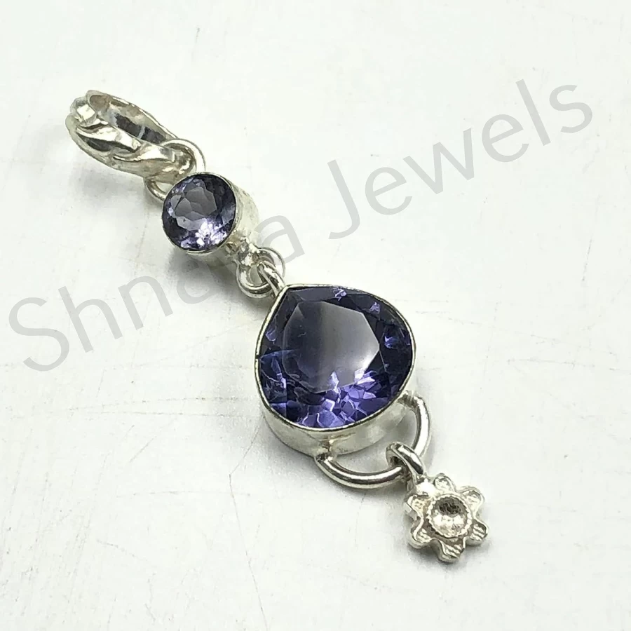 SHNAYA JEWELS Natural Iolite Gemstone 925 Sterling Silver Pendant - Handmade Vintage Unisex Jewelry for Engagement, Mother's Day, Gift