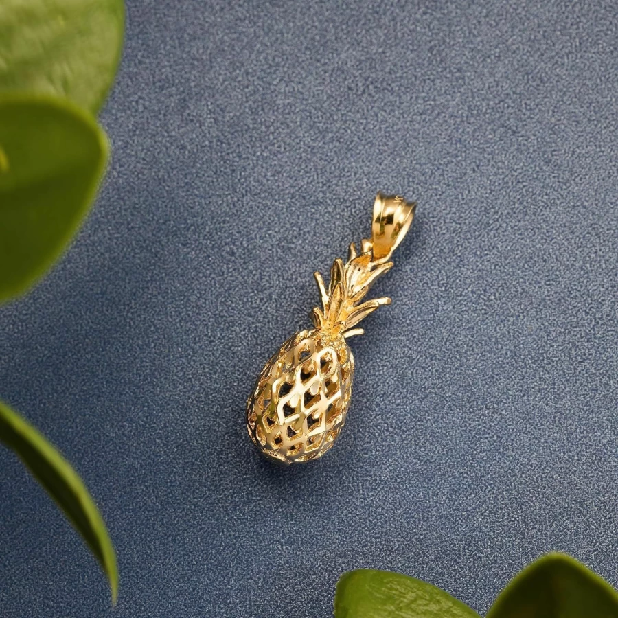 14K Solid Yellow Gold Pineapple Pendant Charm - Hawaiian Diamond Cut 3D Design, Hypoallergenic Nickel Free, Gift Box Included | Aloha Jewelry Company