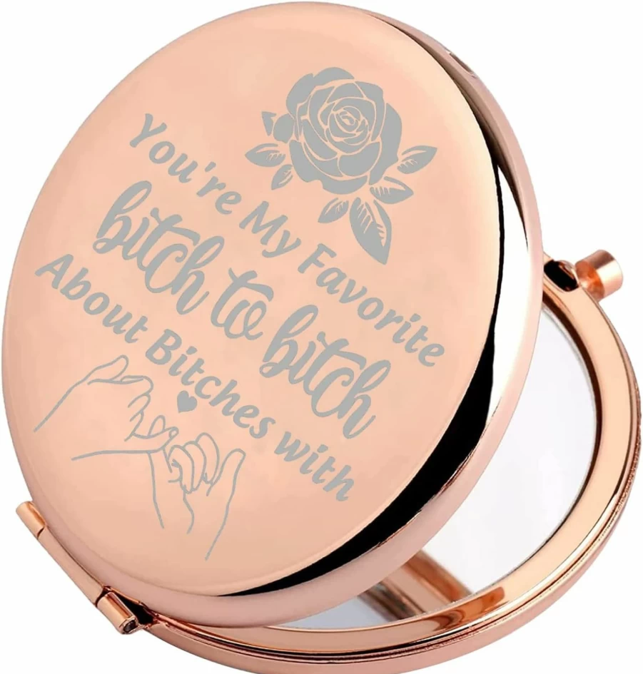 FEELMEM Best Friend Gift - Personalized Compact Makeup Mirror for Soul Sister, BFF Appreciation, Bridesmaid, Birthday, Anniversary Present - Engraved Heart Design