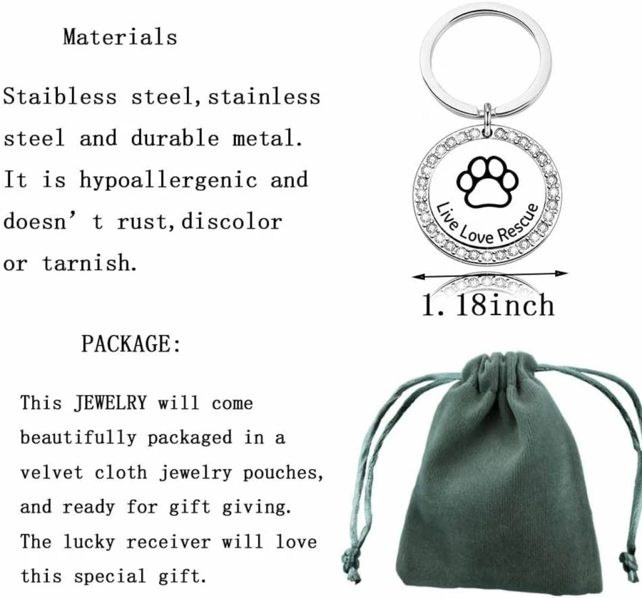 "DINLUNED Paw Print Keychain - Animal Rescue Jewelry Gift for Dog & Cat Lovers, Live Love Rescue Keychain"