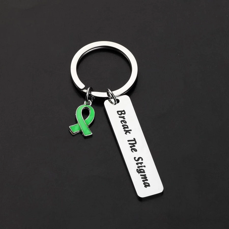 "Gzrlyf Mental Health Keychain - Break The Stigma Inspirational Gift, Green Ribbon Awareness Support for Anxiety & Depression"