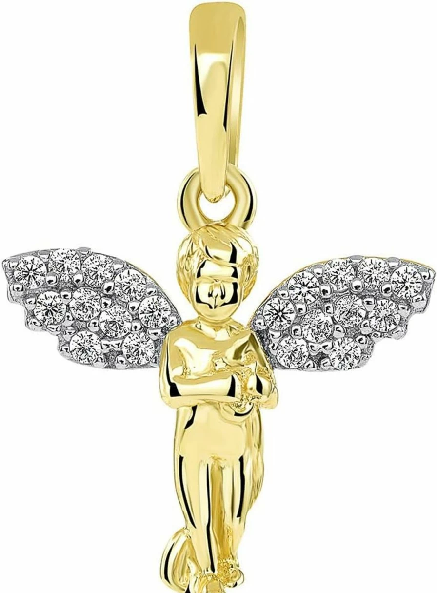14K Yellow Gold Guardian Angel Pendant with CZ Wings - Jewelry America Small Harp Angel Charm
