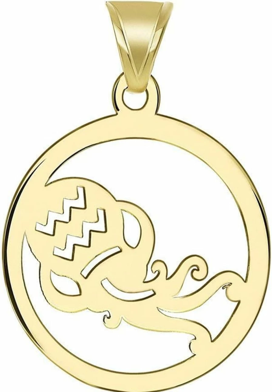 14K Yellow Gold Aquarius Zodiac Pendant - Dainty Round Cut-Out Disc Charm - Jewelry America